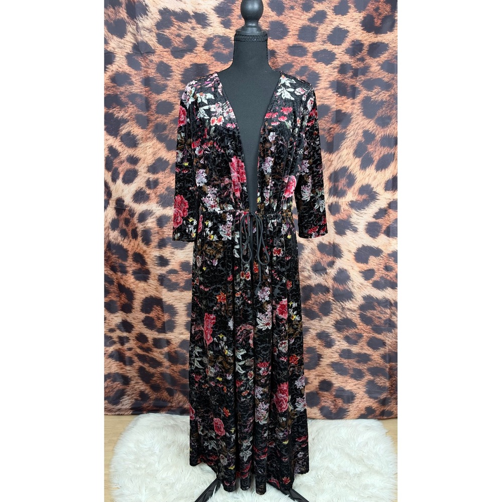 Velvet Burnout Leopard Floral Duster Cardigan Maxi Open Front Drawstring Black